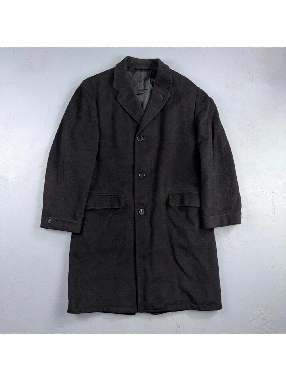 VTG 1950s 1960s Coat Trench Mens Black Wool Cashmere Rockabilly Overcoat